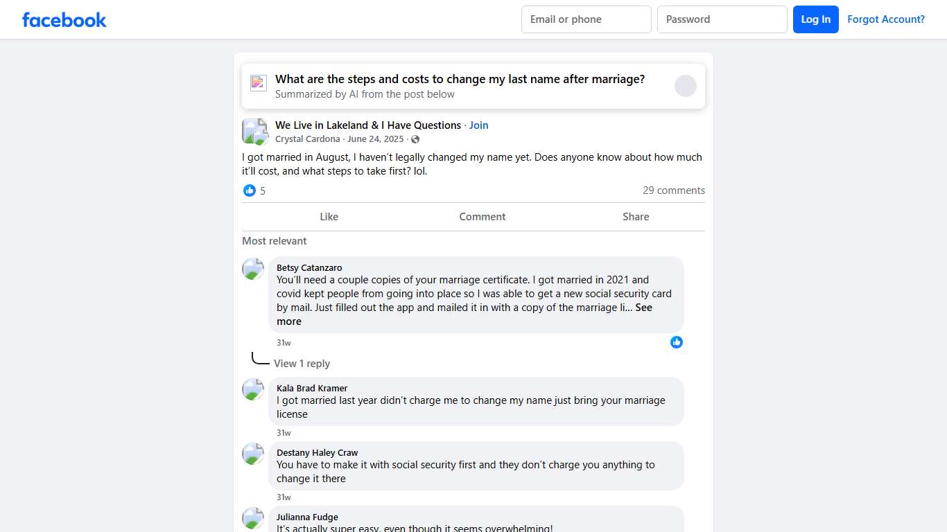 We Live in Lakeland & I Have Questions I got married in August, I haven’t legally changed my name yet Facebook
